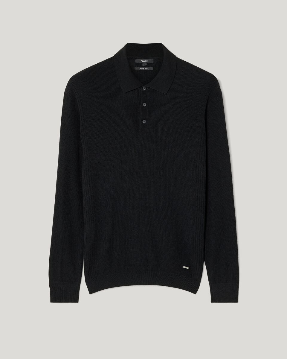 Long sleeve knitted polo, Black, hi-res